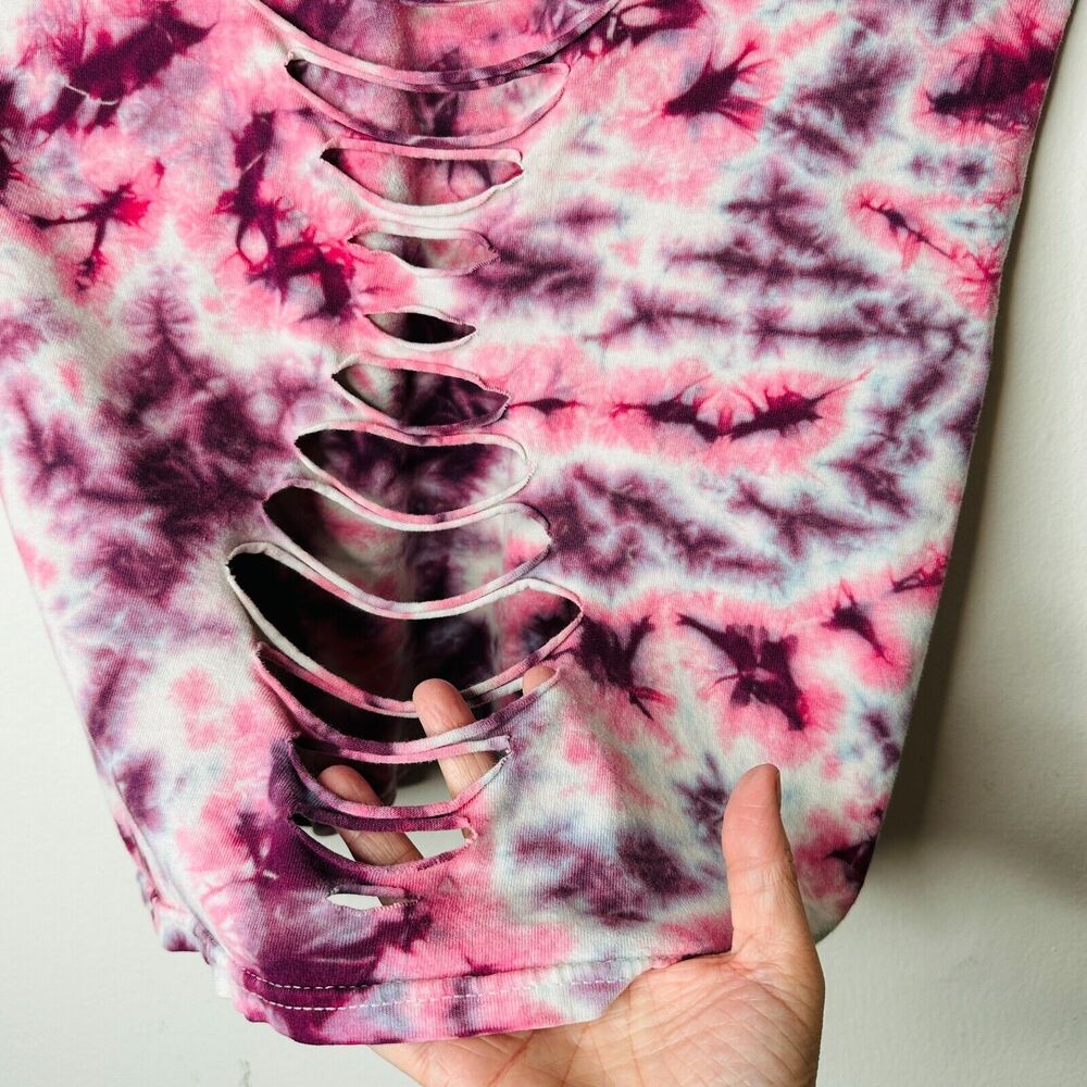 Sleeveless Cropped Hand Cut Out Plum & Pink Cream Tie Dye Crew Neck Top S - Picture 7 of 13